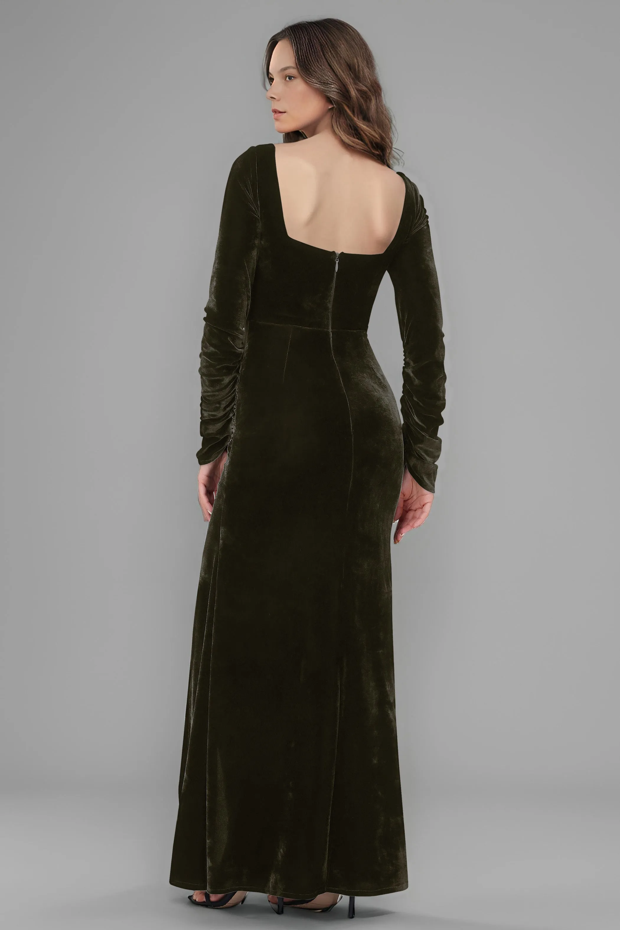 Square Neck Long Sleeves Ruched Velvet Bridesmaid Dresses with Slit