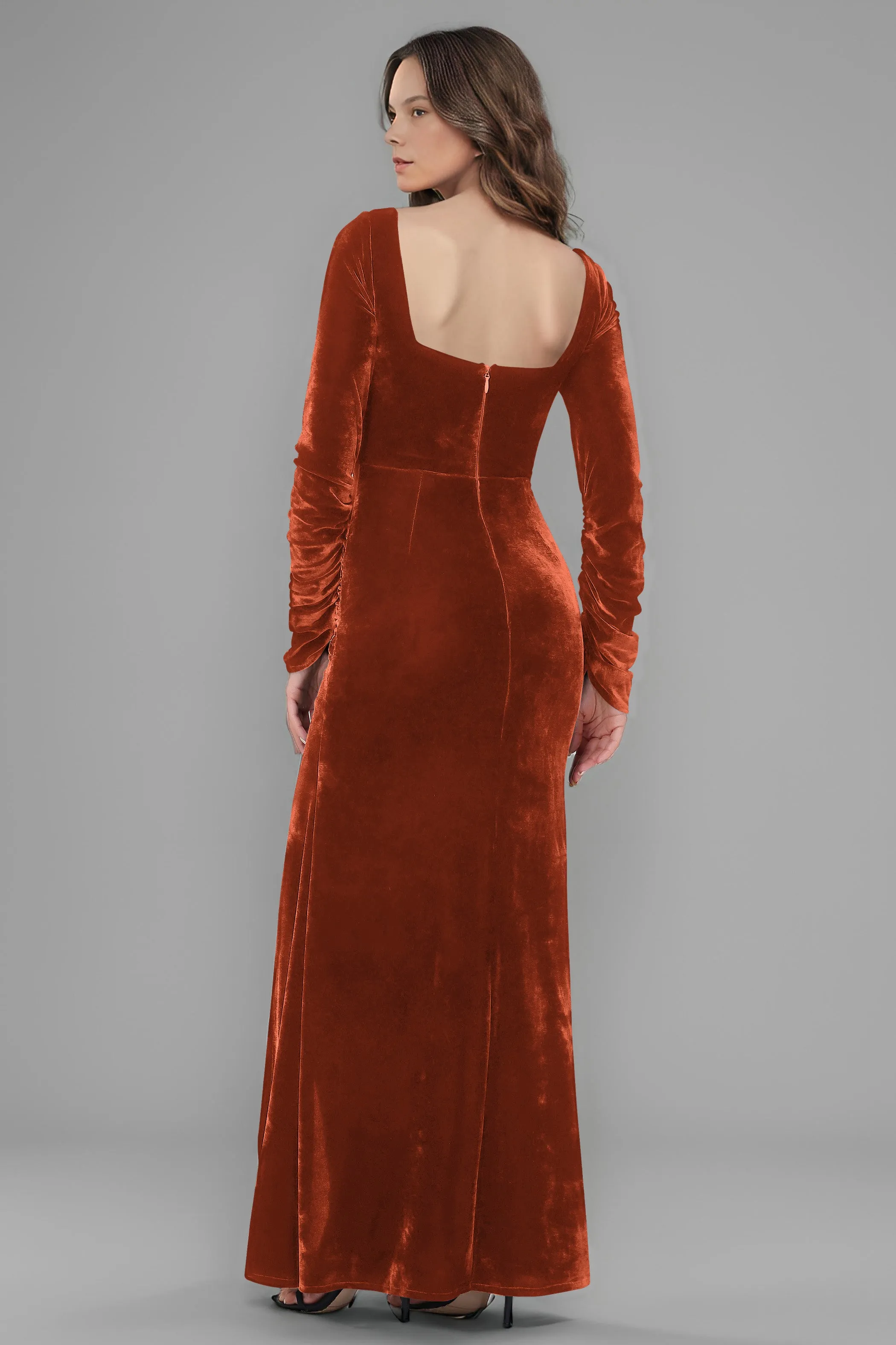 Square Neck Long Sleeves Ruched Velvet Bridesmaid Dresses with Slit
