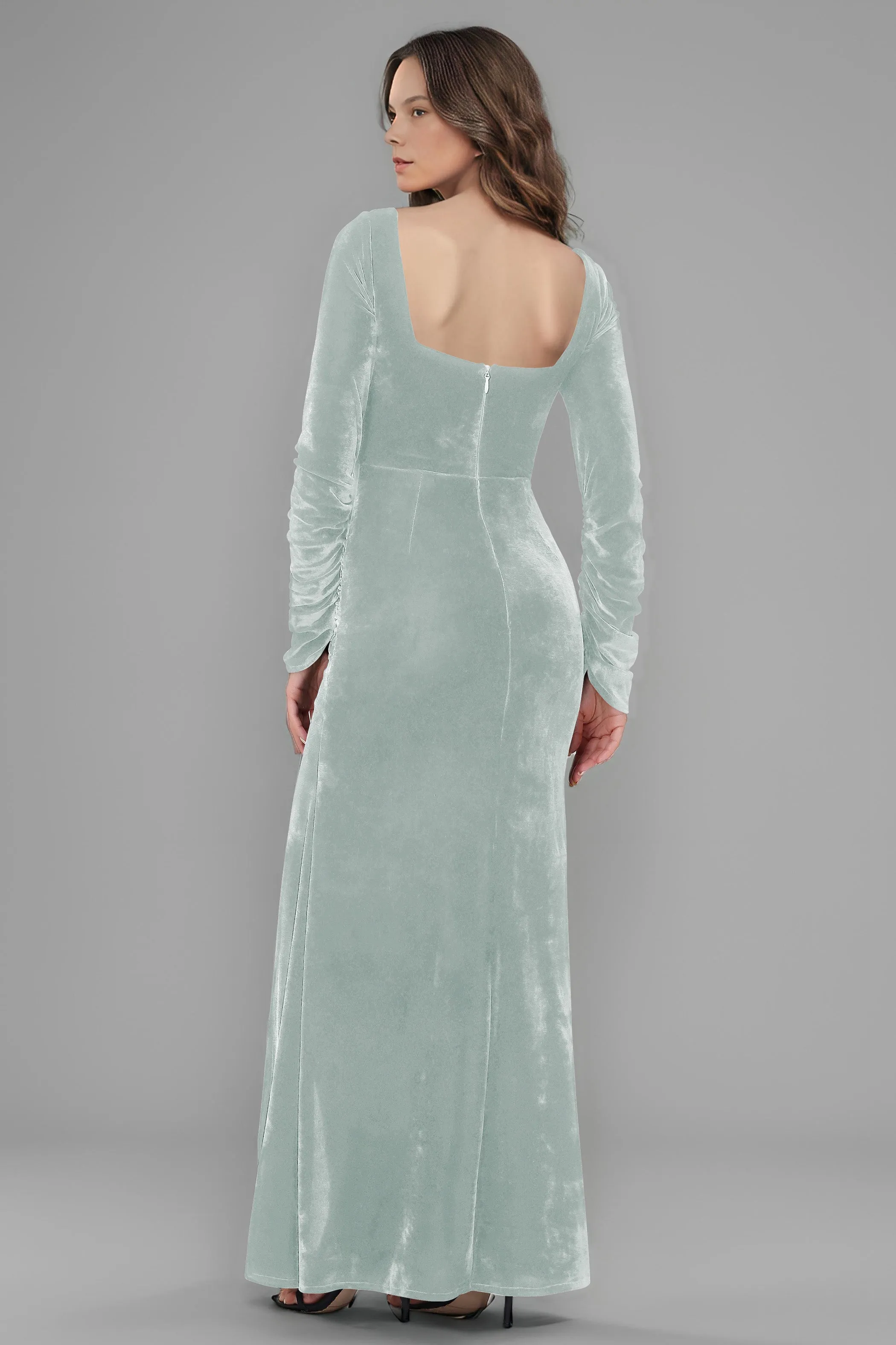 Square Neck Long Sleeves Ruched Velvet Bridesmaid Dresses with Slit