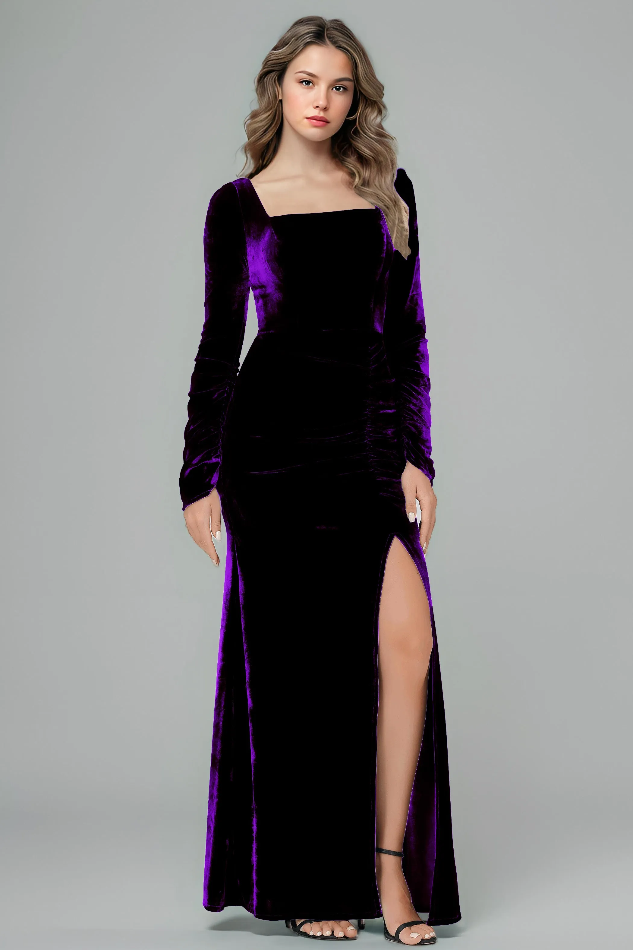 Square Neck Long Sleeves Ruched Velvet Bridesmaid Dresses with Slit