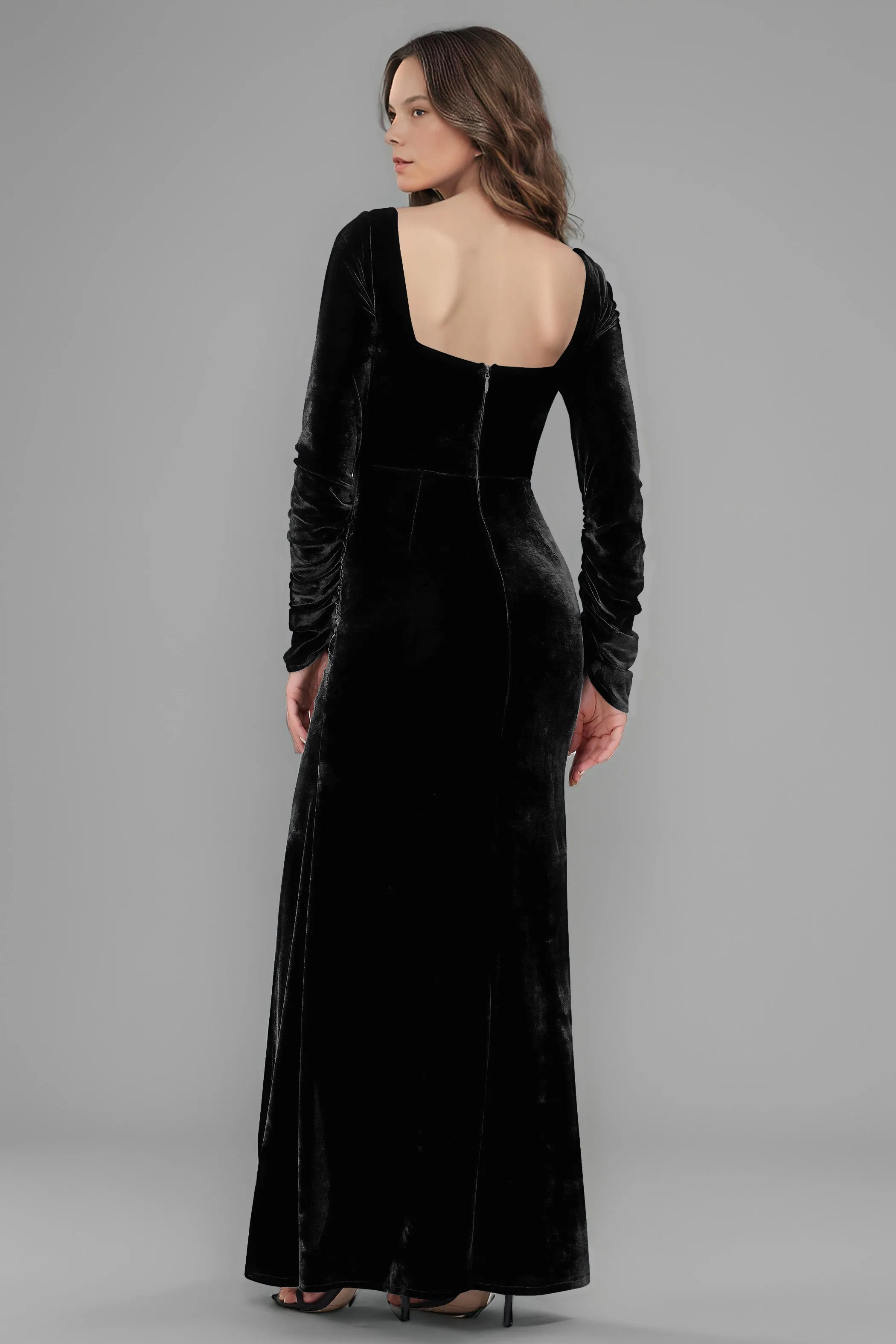 Square Neck Long Sleeves Ruched Velvet Bridesmaid Dresses with Slit