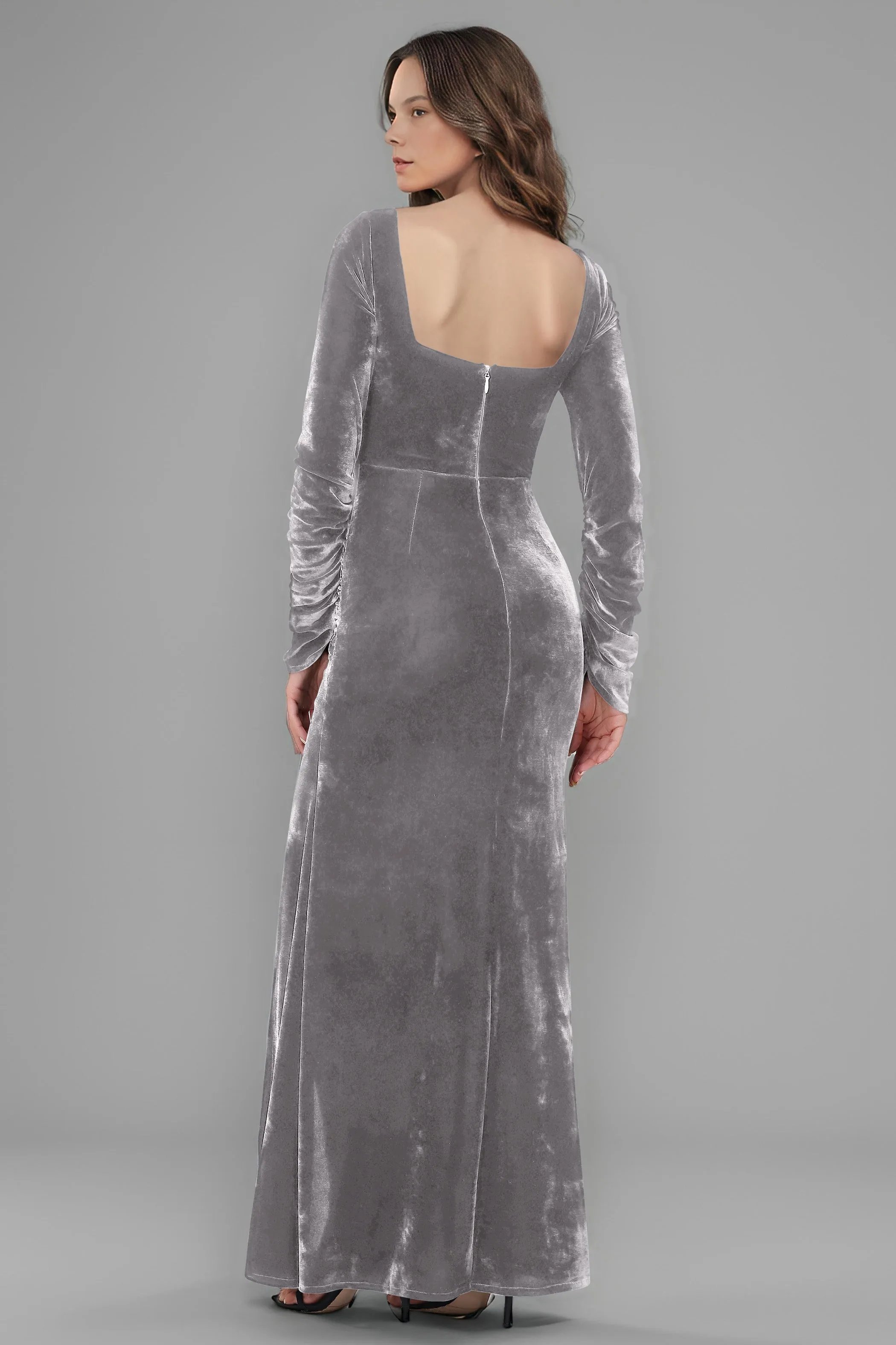 Square Neck Long Sleeves Ruched Velvet Bridesmaid Dresses with Slit