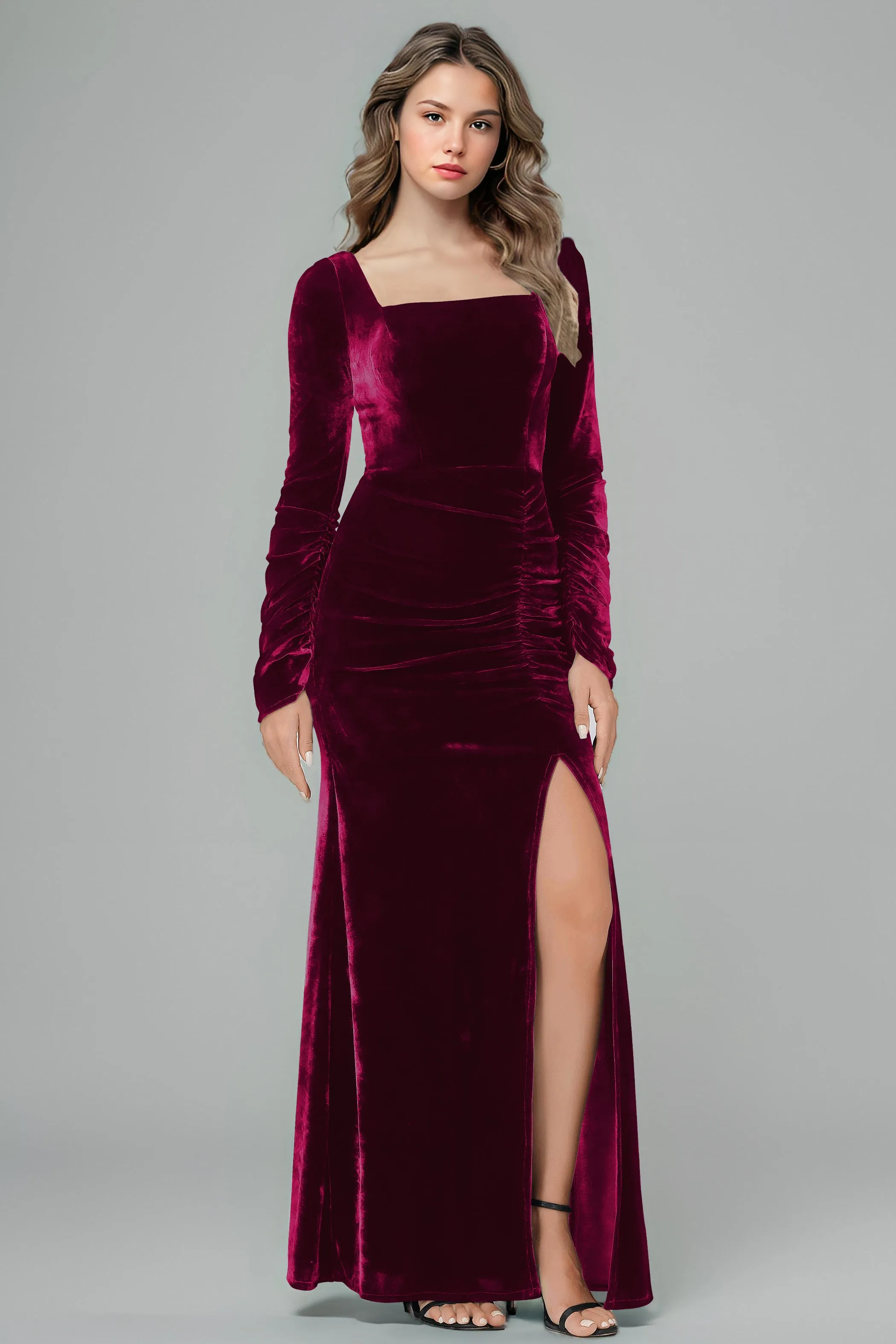 Square Neck Long Sleeves Ruched Velvet Bridesmaid Dresses with Slit