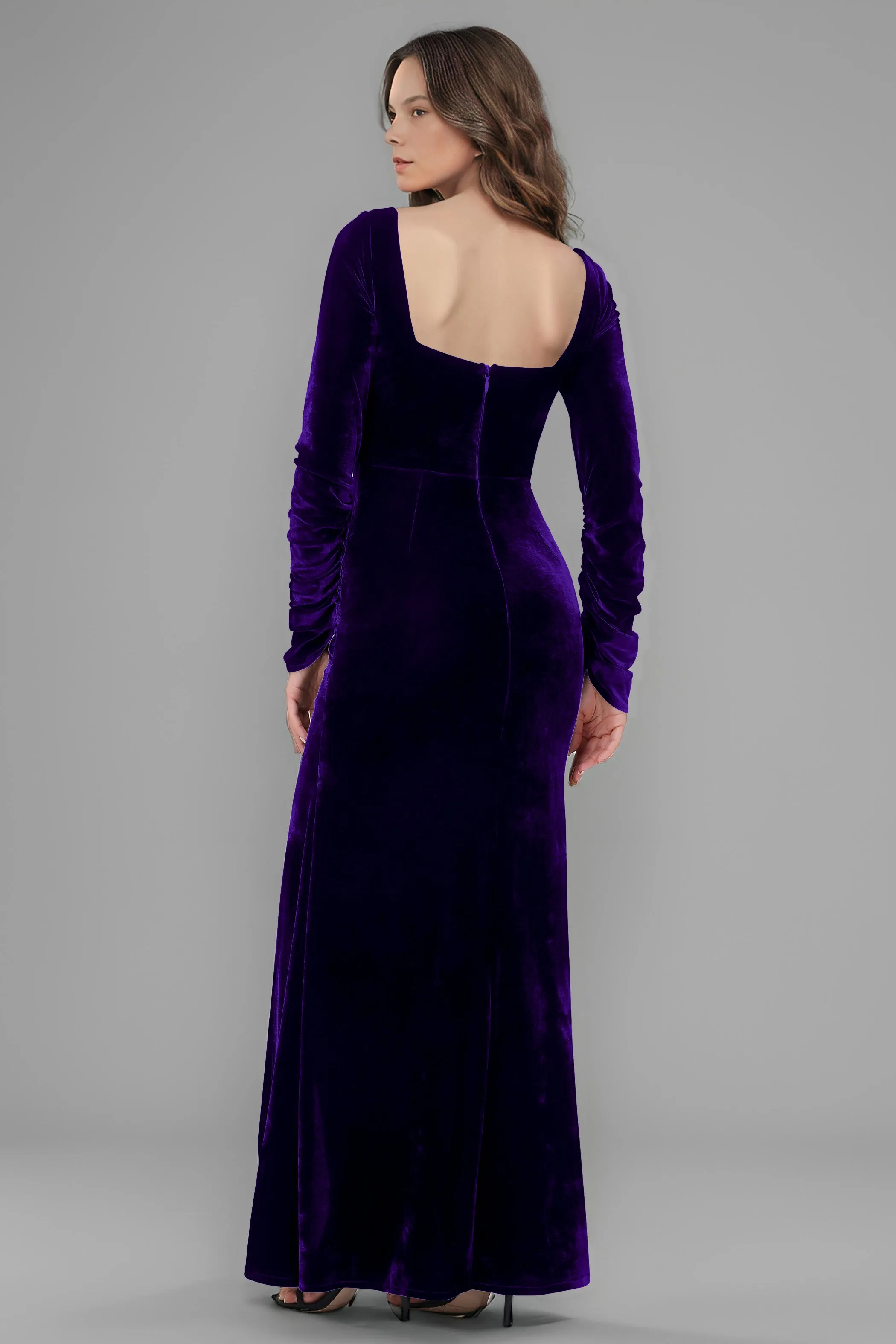 Square Neck Long Sleeves Ruched Velvet Bridesmaid Dresses with Slit