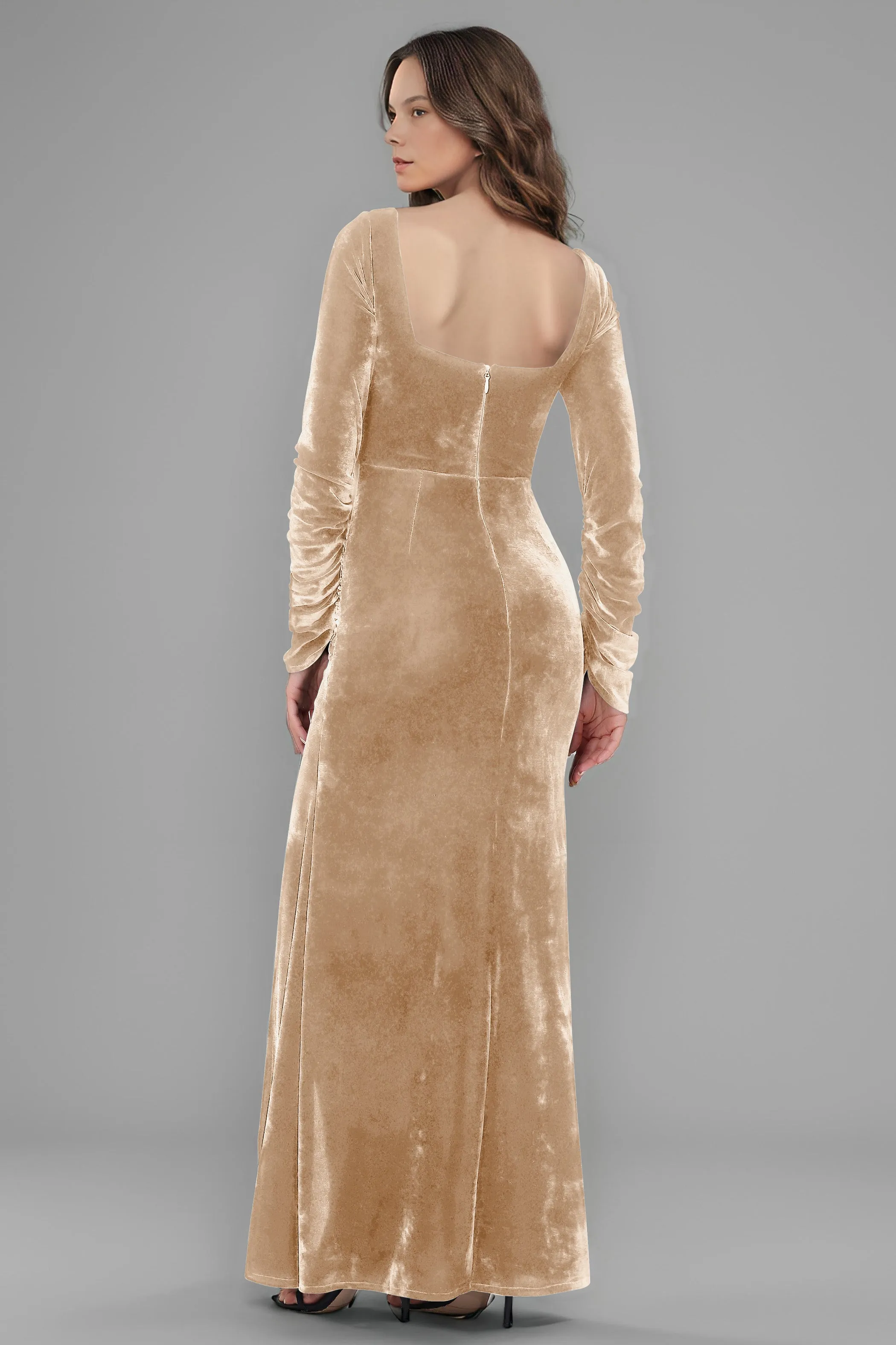 Square Neck Long Sleeves Ruched Velvet Bridesmaid Dresses with Slit