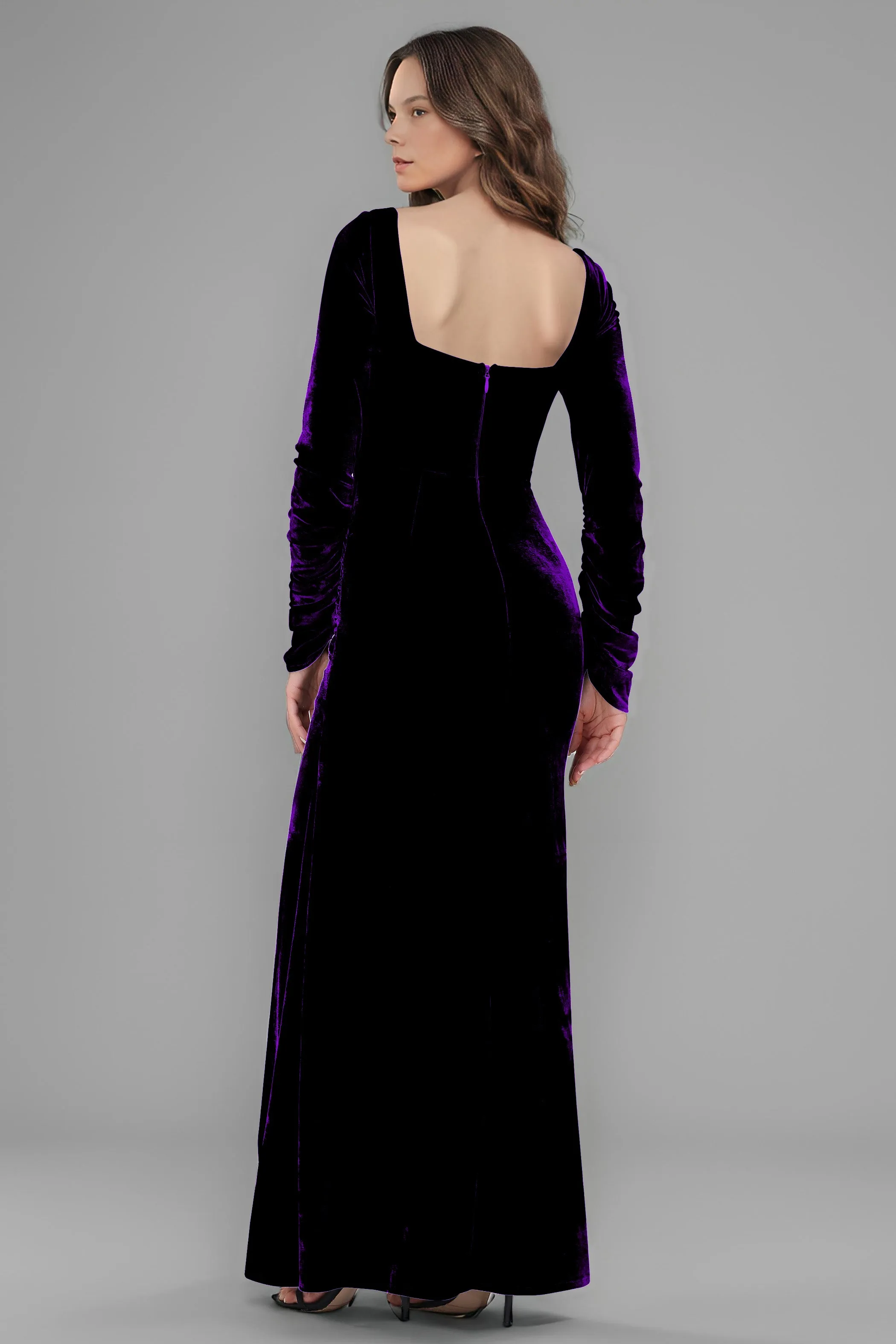 Square Neck Long Sleeves Ruched Velvet Bridesmaid Dresses with Slit