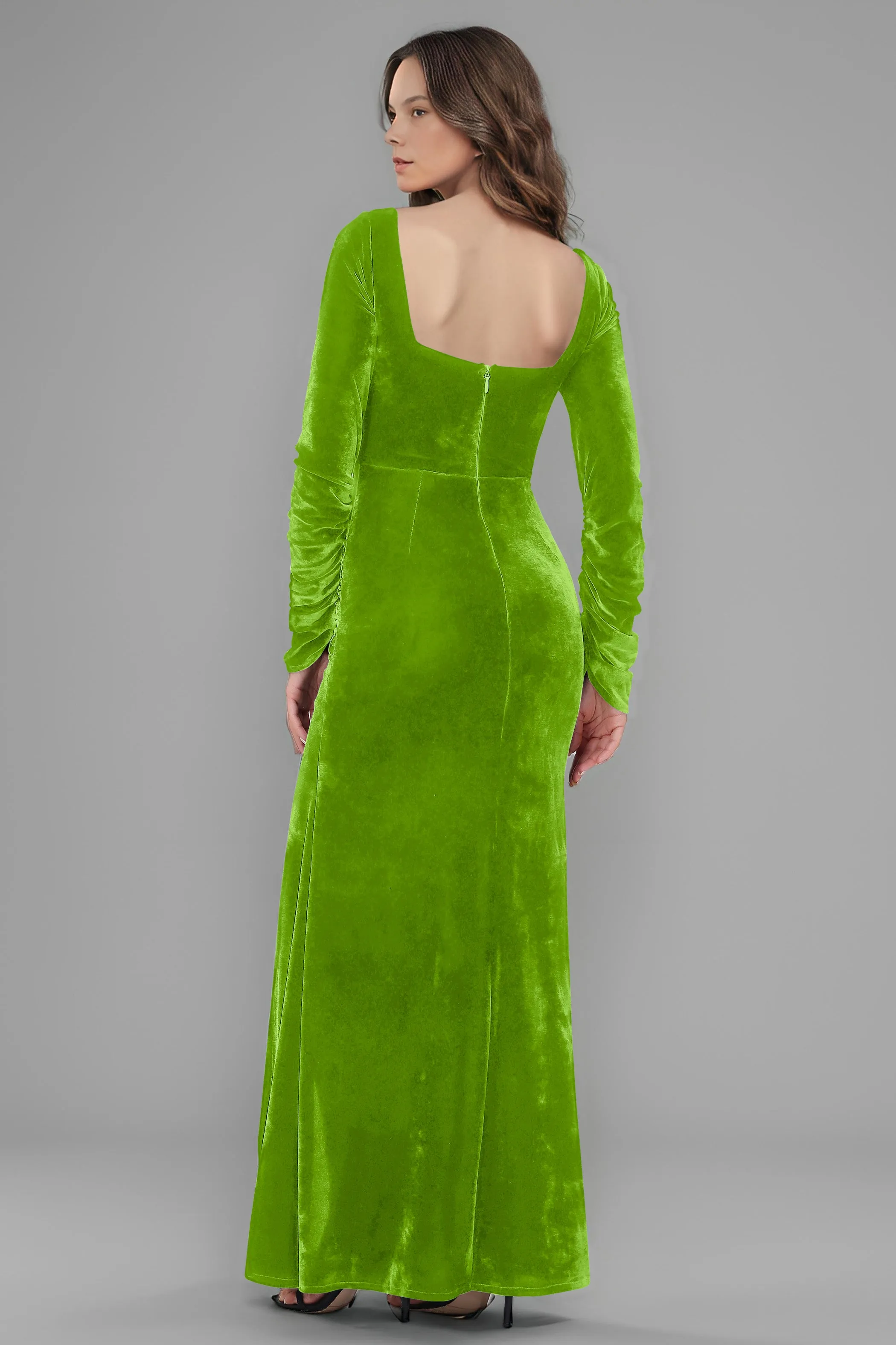 Square Neck Long Sleeves Ruched Velvet Bridesmaid Dresses with Slit