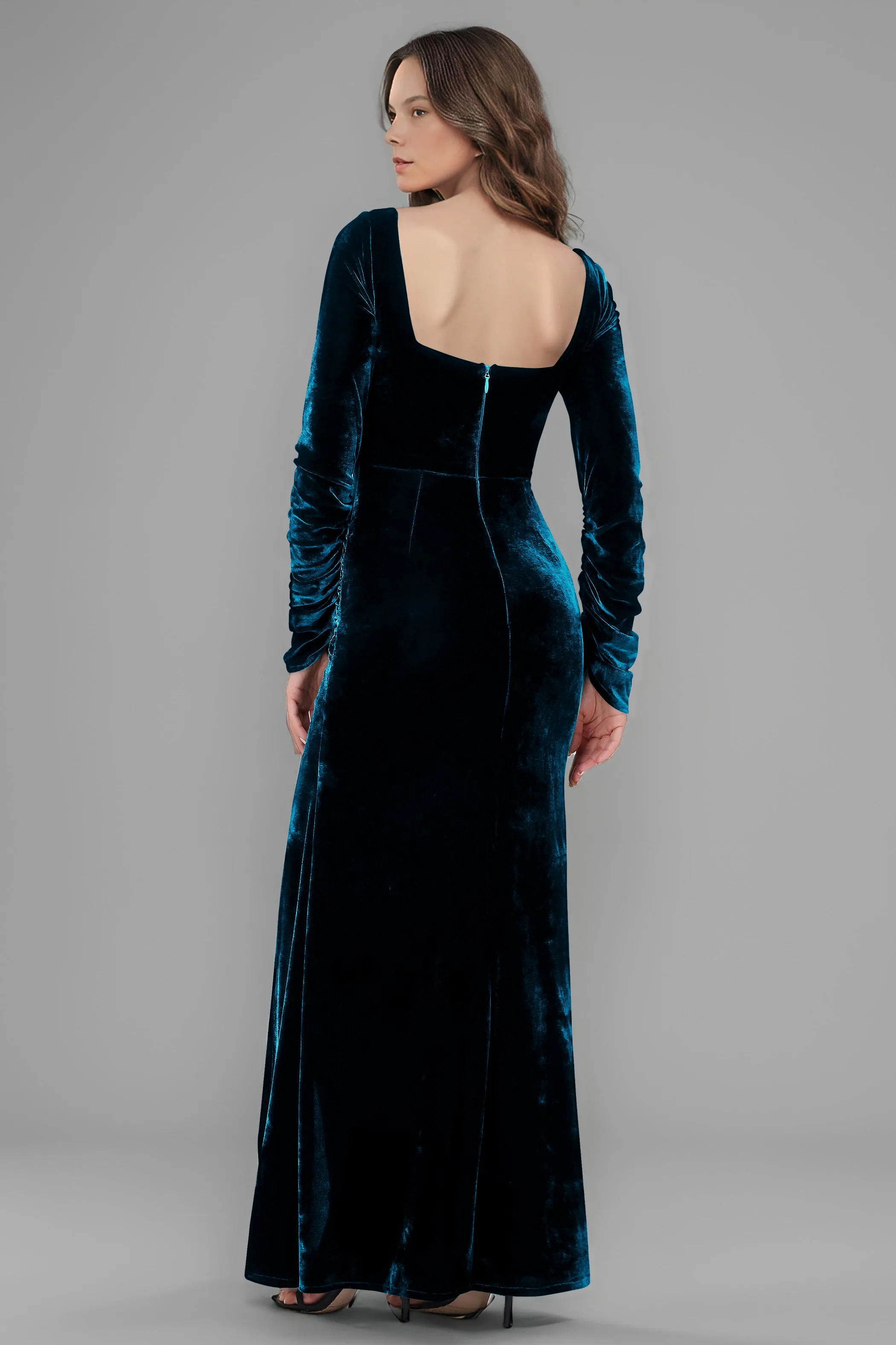 Square Neck Long Sleeves Ruched Velvet Bridesmaid Dresses with Slit