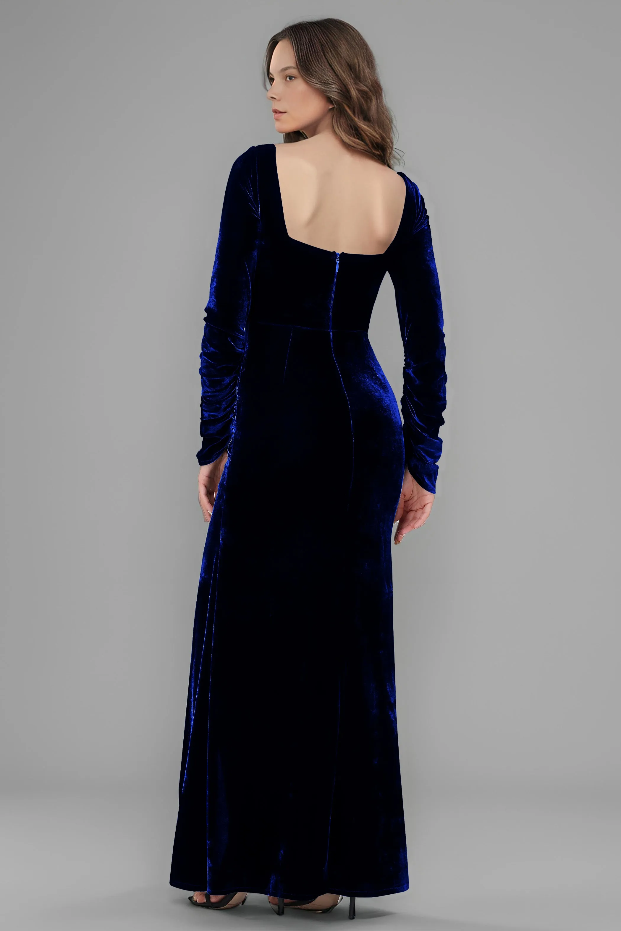 Square Neck Long Sleeves Ruched Velvet Bridesmaid Dresses with Slit