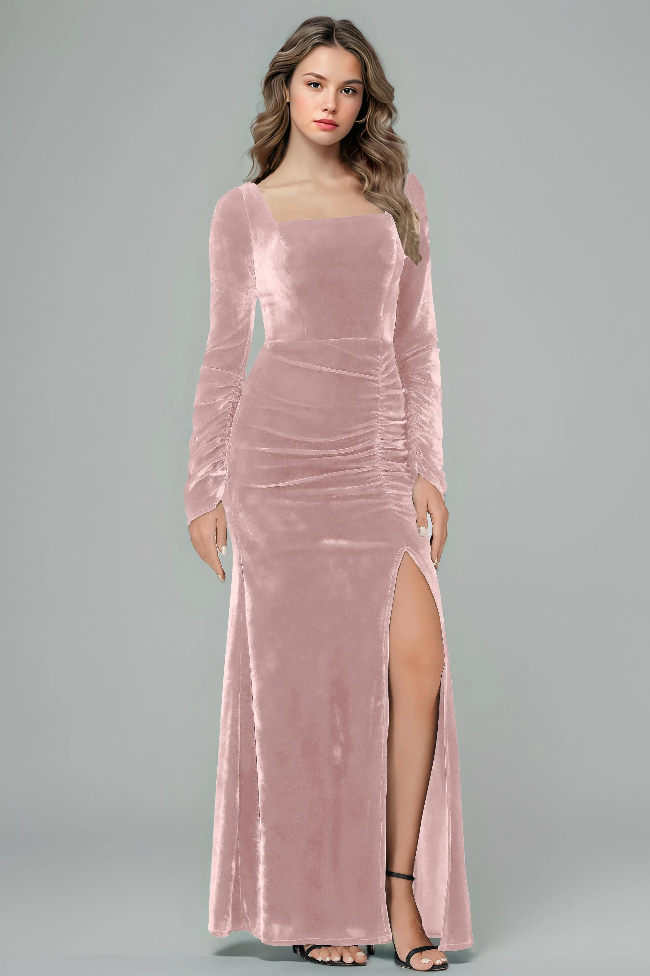 Square Neck Long Sleeves Ruched Velvet Bridesmaid Dresses with Slit