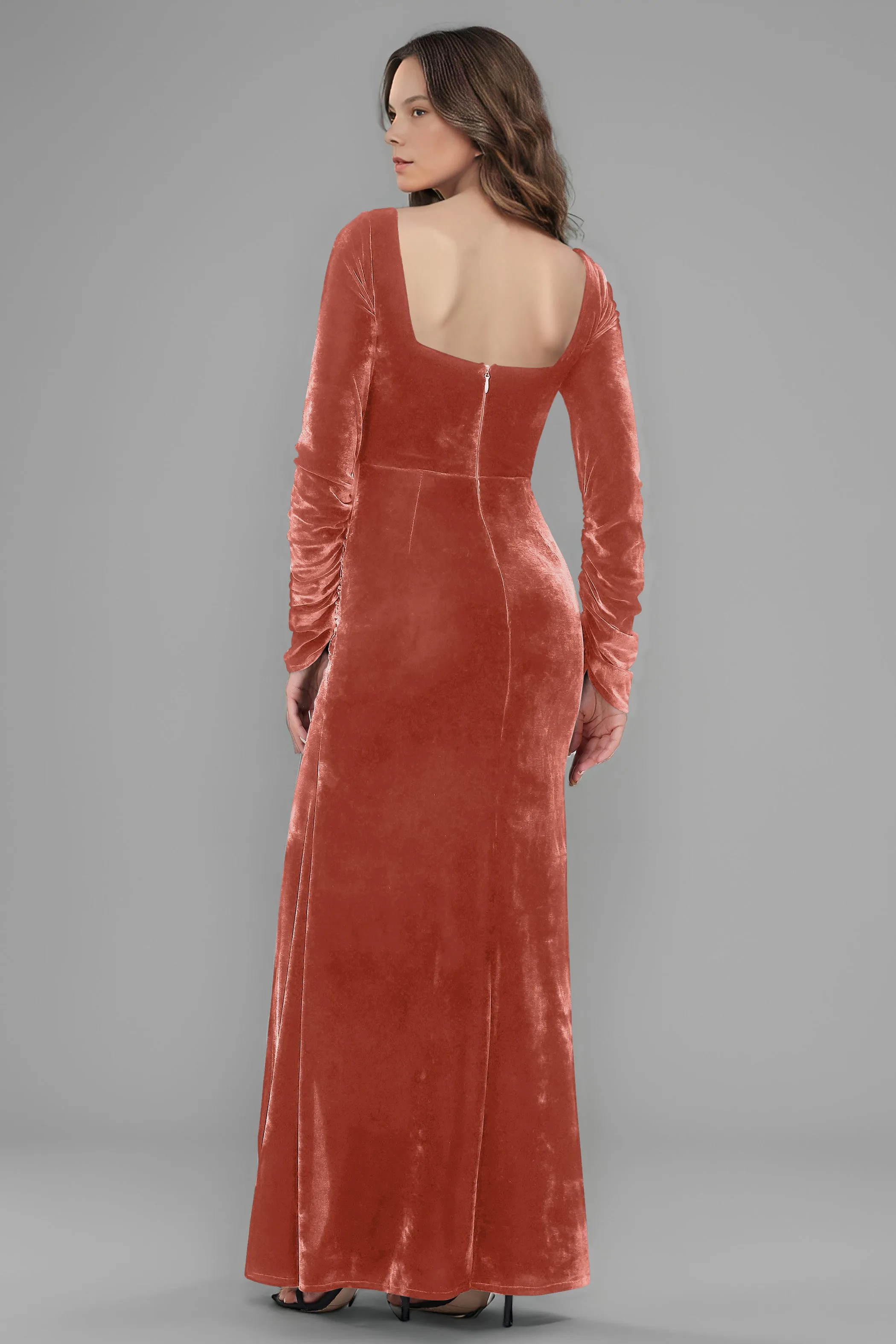 Square Neck Long Sleeves Ruched Velvet Bridesmaid Dresses with Slit