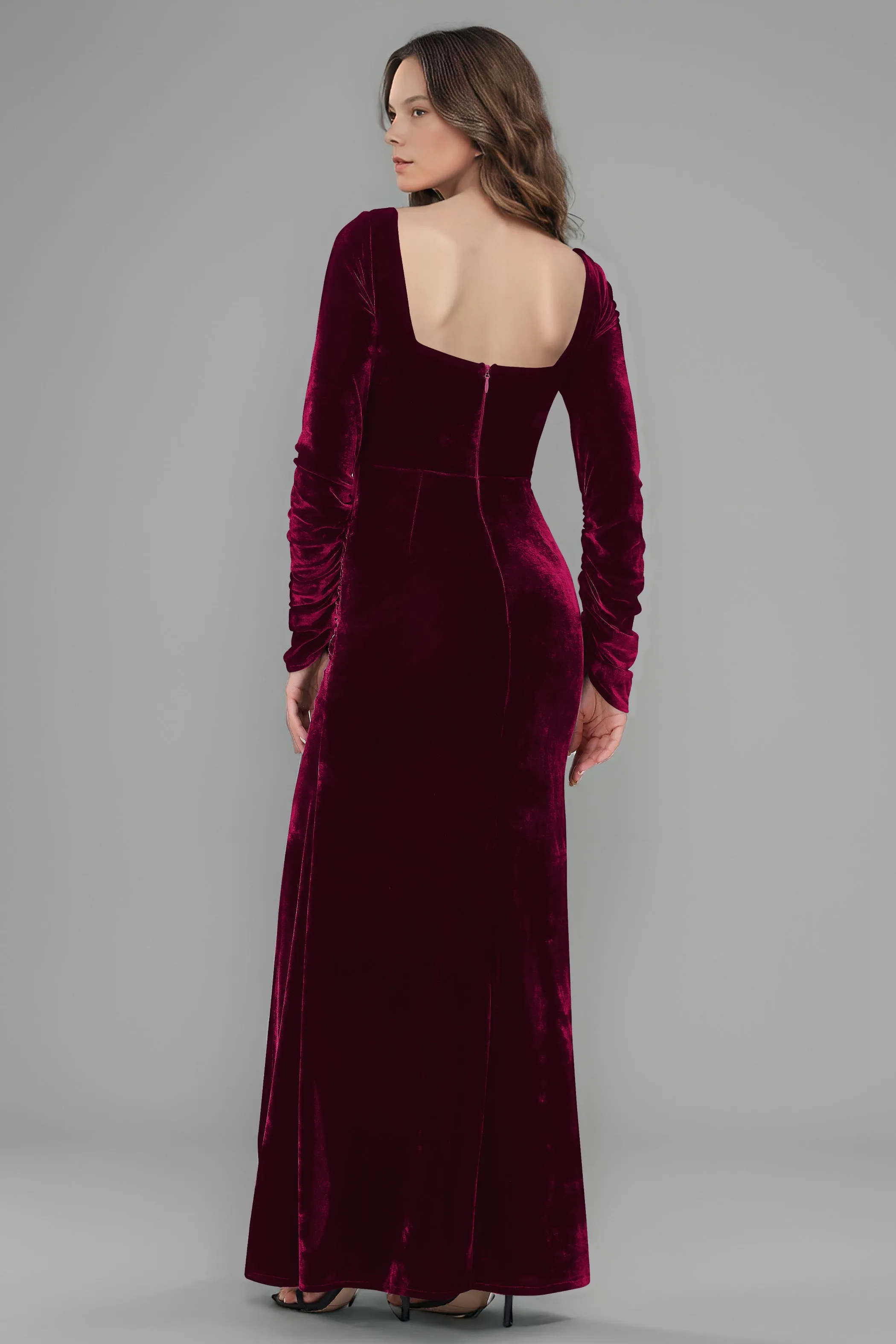 Square Neck Long Sleeves Ruched Velvet Bridesmaid Dresses with Slit