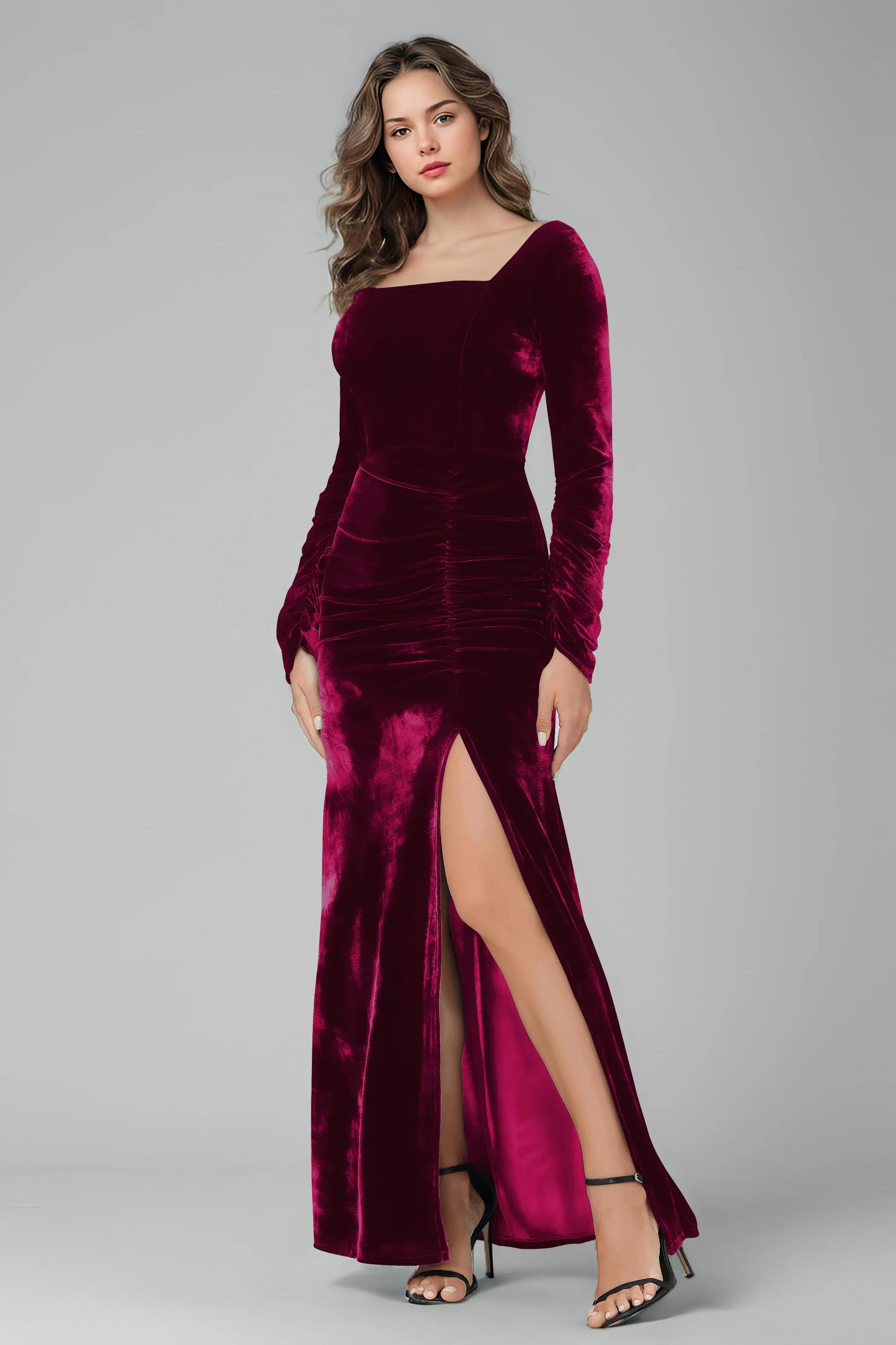 Square Neck Long Sleeves Ruched Velvet Bridesmaid Dresses with Slit