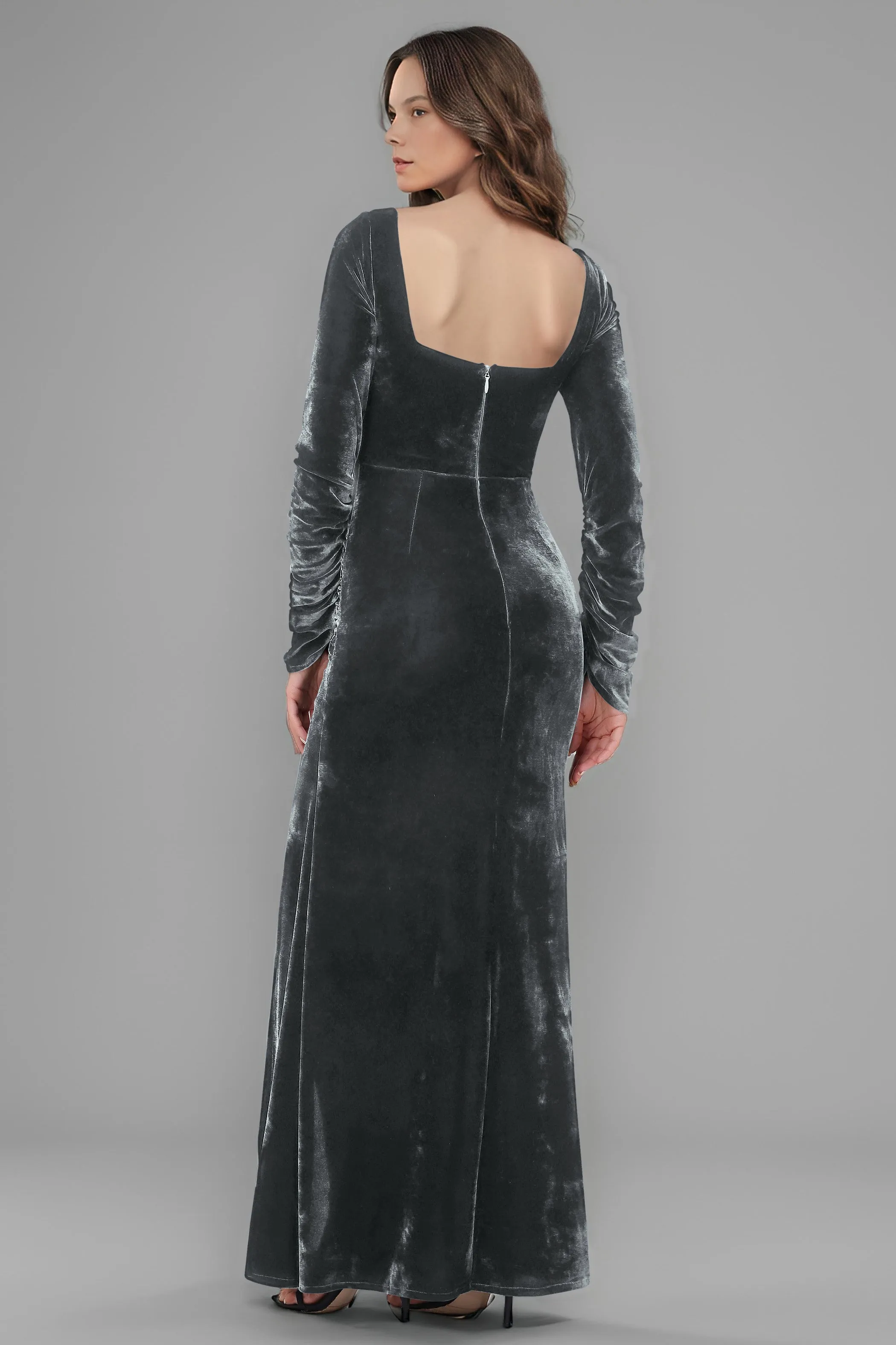 Square Neck Long Sleeves Ruched Velvet Bridesmaid Dresses with Slit