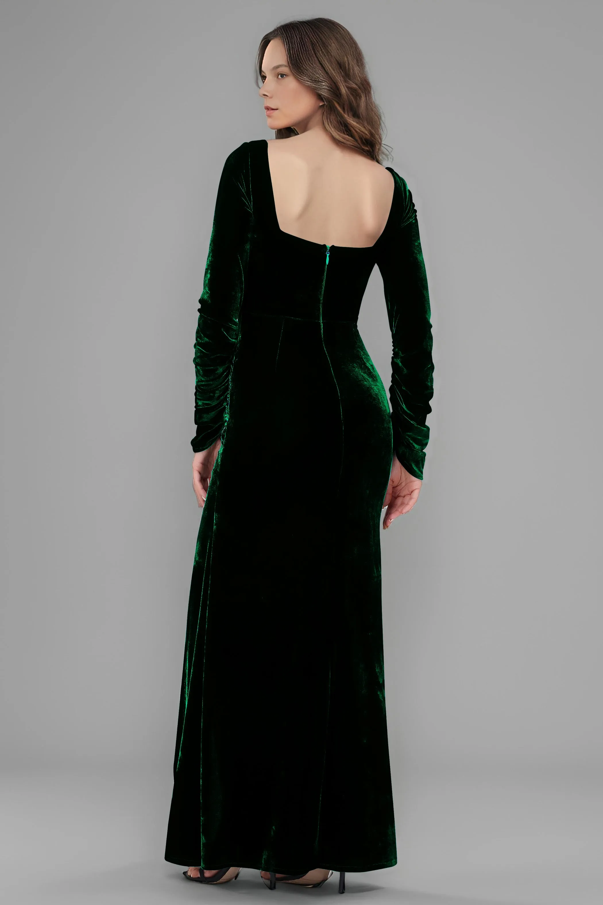 Square Neck Long Sleeves Ruched Velvet Bridesmaid Dresses with Slit