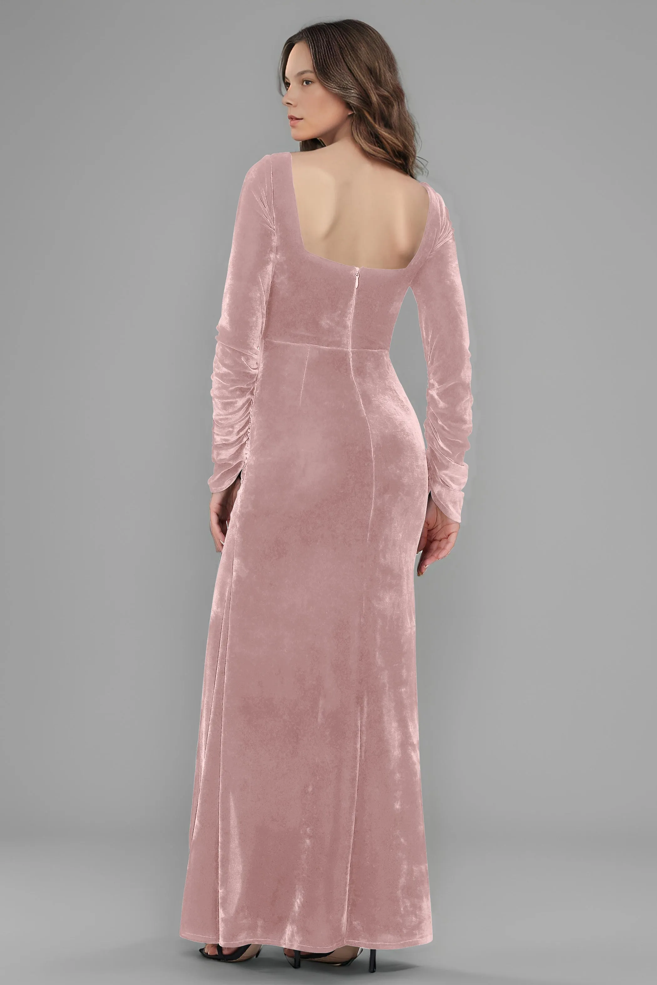 Square Neck Long Sleeves Ruched Velvet Bridesmaid Dresses with Slit