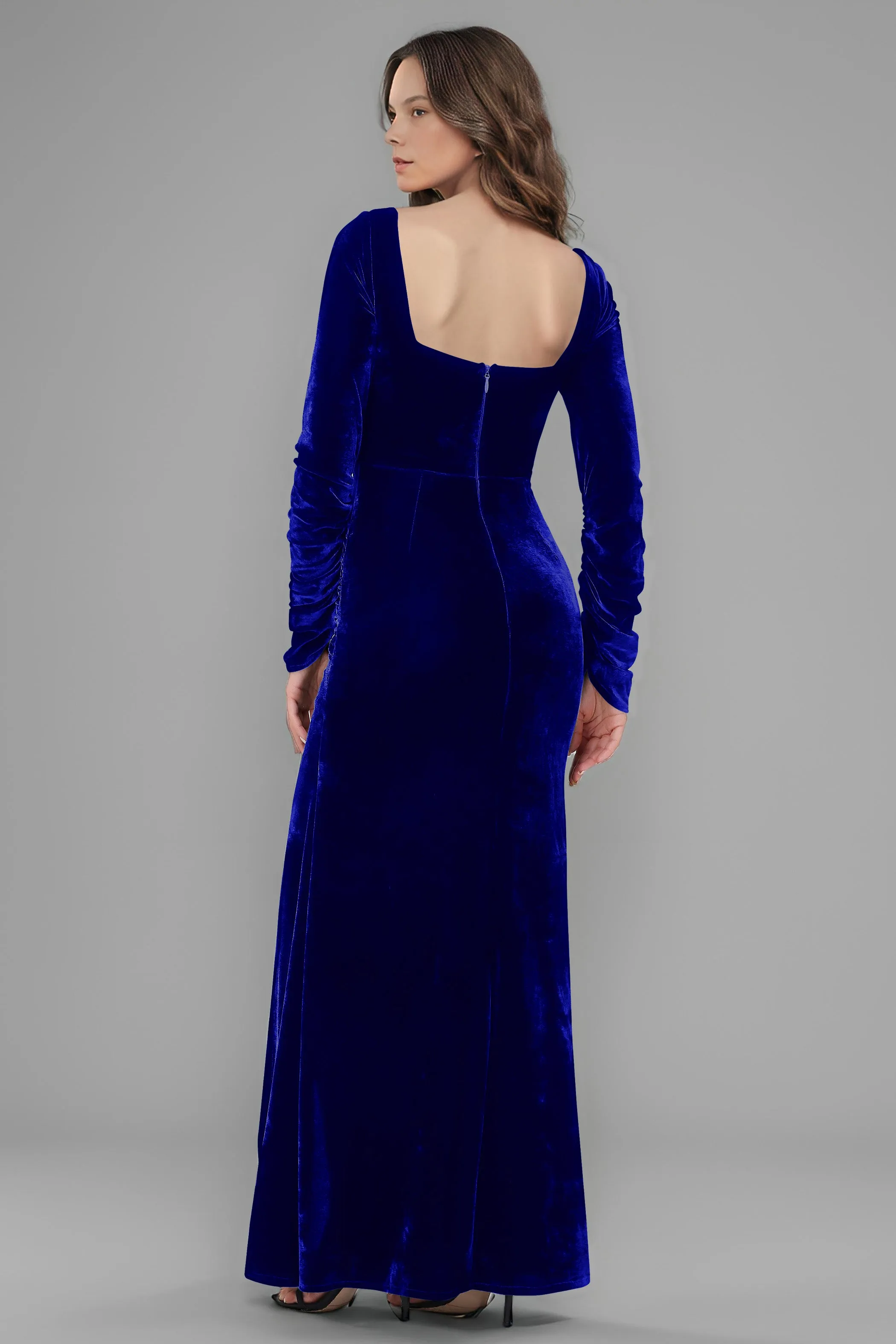 Square Neck Long Sleeves Ruched Velvet Bridesmaid Dresses with Slit