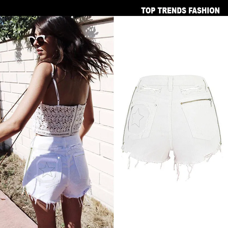 Starry Embroidery Women's Ripped High Waisted Denim Shorts