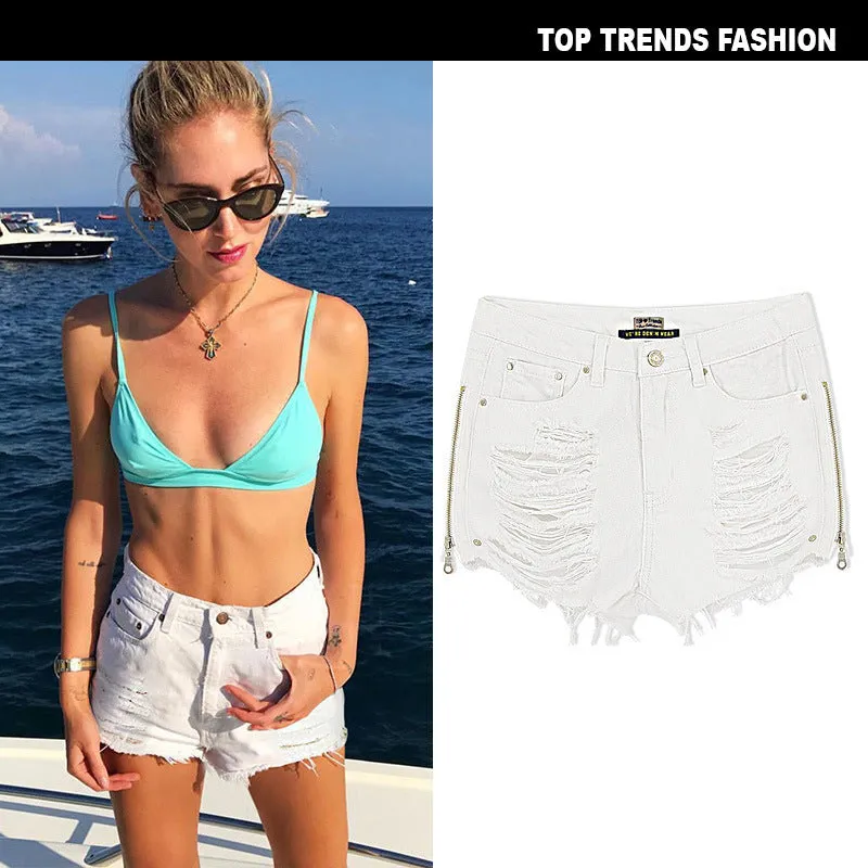 Starry Embroidery Women's Ripped High Waisted Denim Shorts