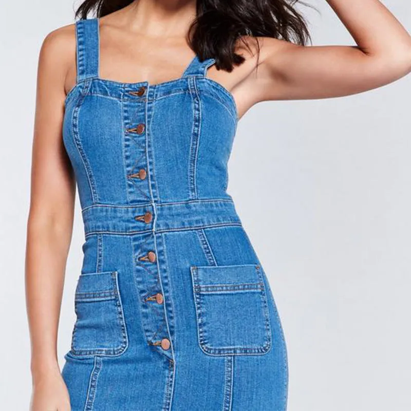 Strap Bag Hips Button Slim Long Denim Dress