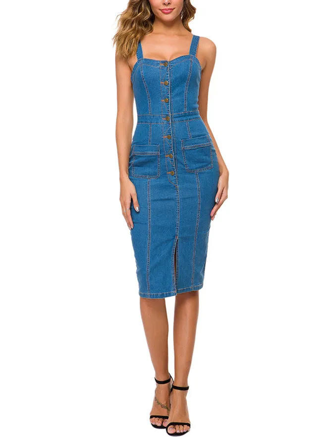 Strap Bag Hips Button Slim Long Denim Dress