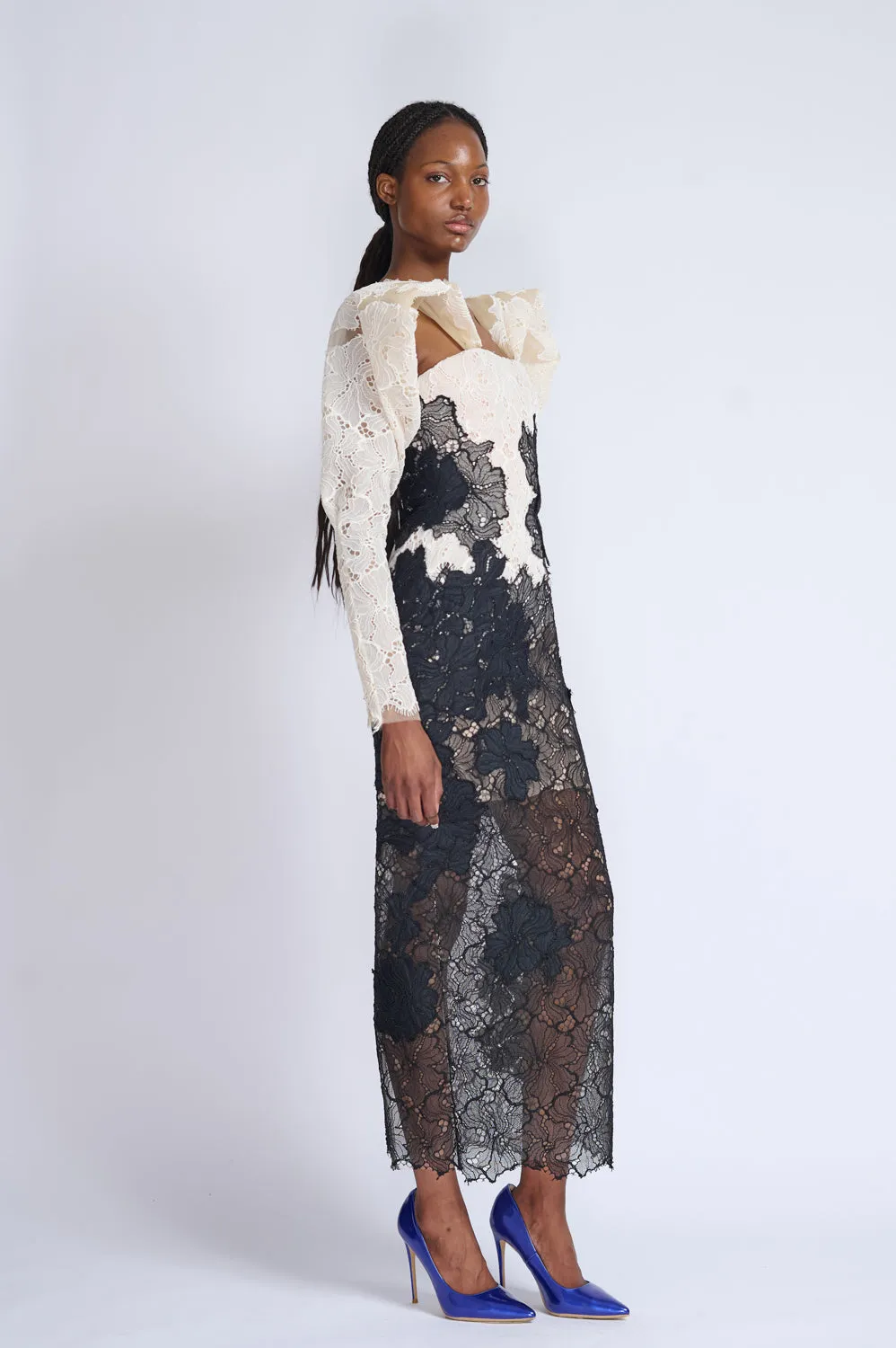 Strapless Onyx and Ivory Lace Cocktail Dress with Draped Sleeves