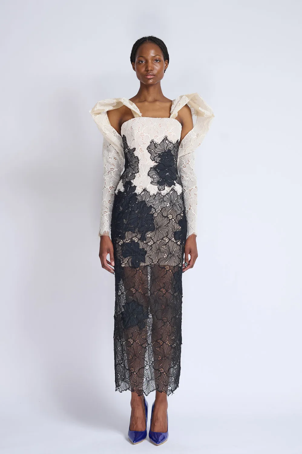 Strapless Onyx and Ivory Lace Cocktail Dress with Draped Sleeves