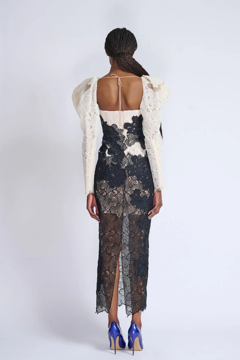Strapless Onyx and Ivory Lace Cocktail Dress with Draped Sleeves