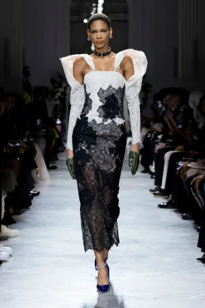 Strapless Onyx and Ivory Lace Cocktail Dress with Draped Sleeves