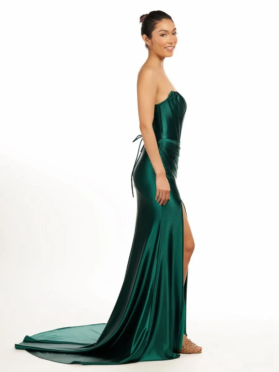 Strapless Sheath Satin Long Prom Dresses with Split