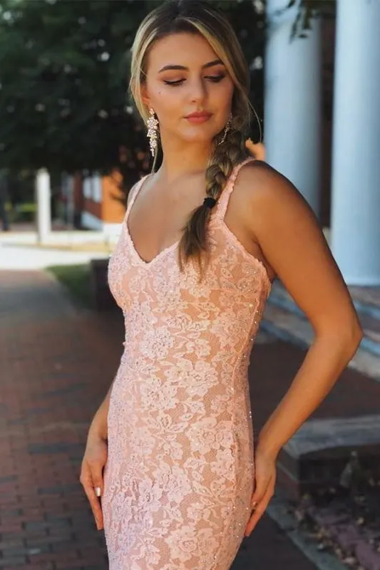 Straps Lace Prom Mermaid Sleeveless Long Party Dress with Sparkles
