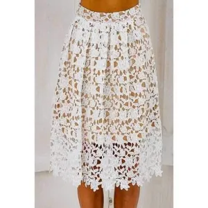 Stylish Elastic Waist Crochet Flower Lace Women's A-Line Skirt - White L