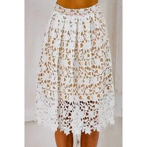 Stylish Elastic Waist Crochet Flower Lace Women's A-Line Skirt - White L