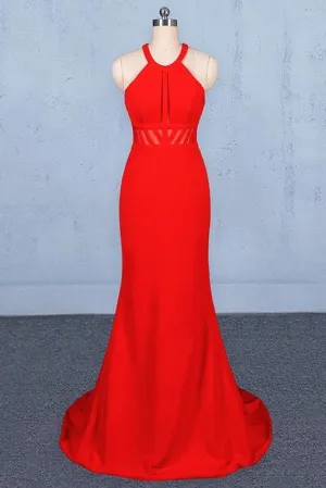Stylish Halter Prom Dress Red Mermaid Open Back Long Evening Dresses
