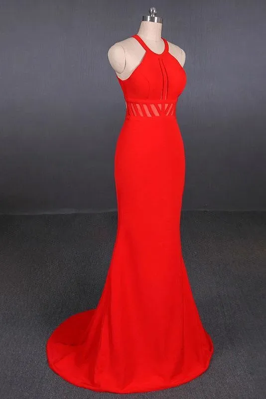 Stylish Halter Prom Dress Red Mermaid Open Back Long Evening Dresses