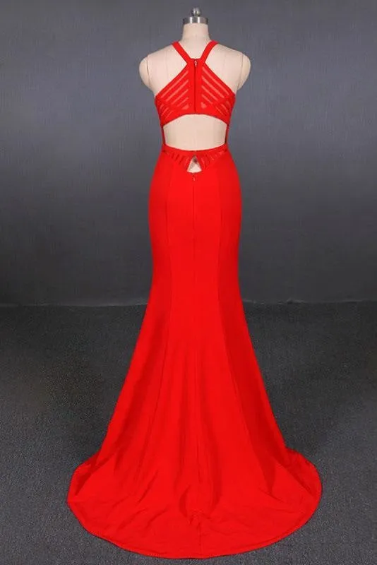 Stylish Halter Prom Dress Red Mermaid Open Back Long Evening Dresses