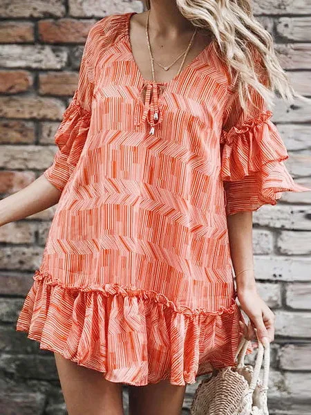 Summer V-neck Ruffled Mid-sleeve Dress