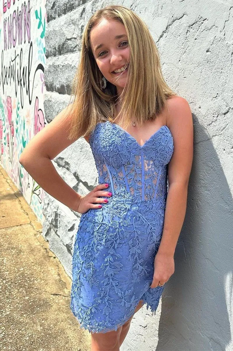 Sweetheart Sheer Lace Corset Tight Homecoming Dresses