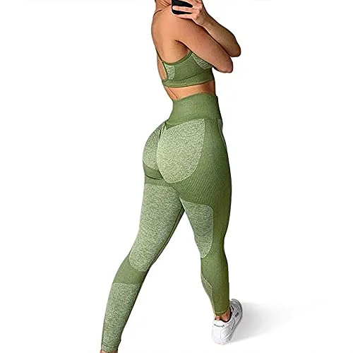 TAKIYA Women's 2 Piece Yoga Workout Outfit Sports Bra High Waist Seamless Leggings Tracksuits Cross Back Tank Top Light Green L