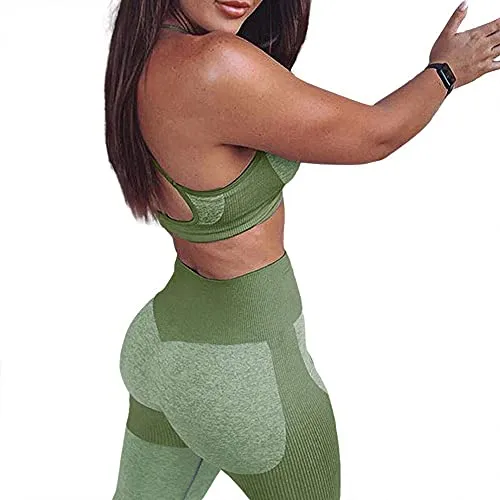 TAKIYA Women's 2 Piece Yoga Workout Outfit Sports Bra High Waist Seamless Leggings Tracksuits Cross Back Tank Top Light Green L