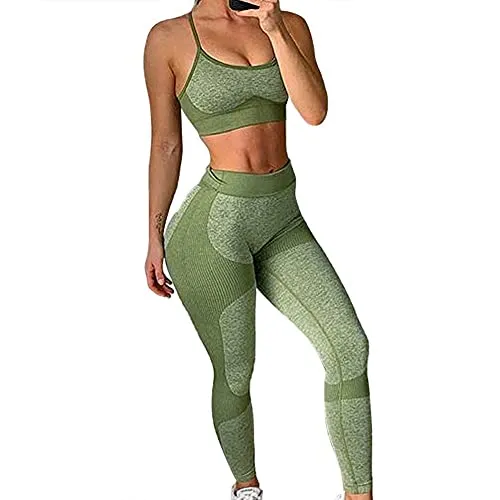 TAKIYA Women's 2 Piece Yoga Workout Outfit Sports Bra High Waist Seamless Leggings Tracksuits Cross Back Tank Top Light Green L