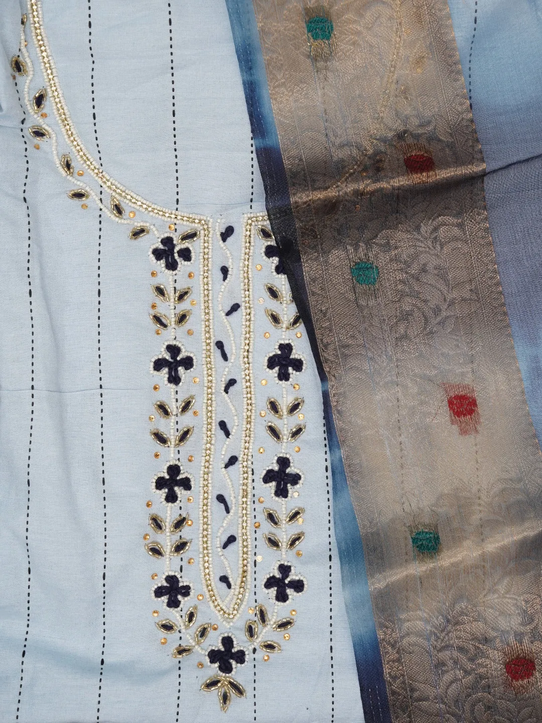 Teal Blue Cotton Woven Design Embellished Dress Material with Dupatta