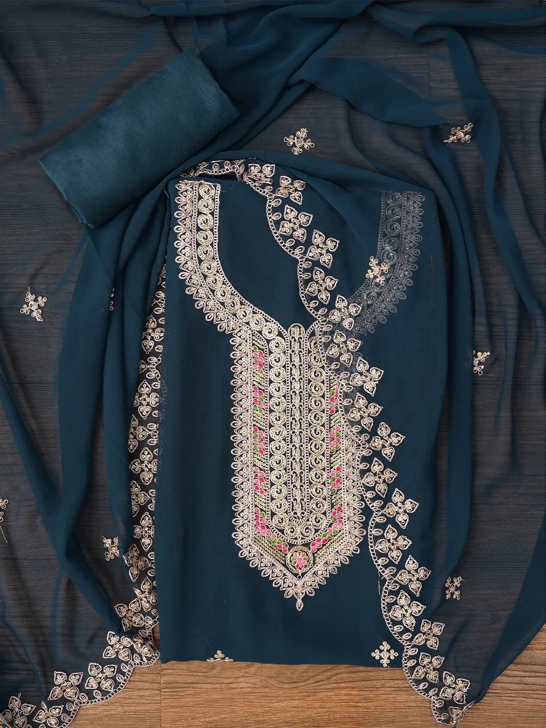 Teal Zari Embroidered Silk Georgette Dress Material with Dupatta
