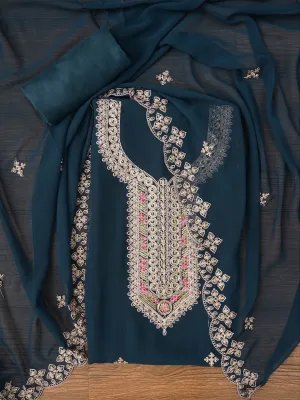 Teal Zari Embroidered Silk Georgette Dress Material with Dupatta