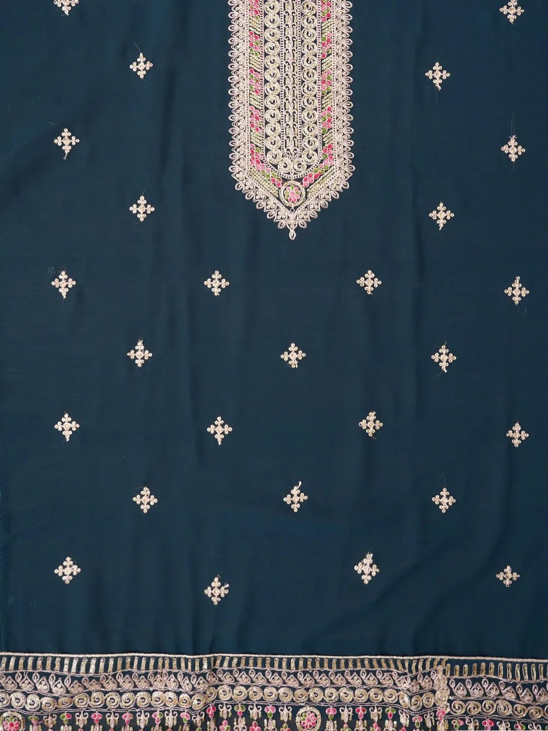 Teal Zari Embroidered Silk Georgette Dress Material with Dupatta