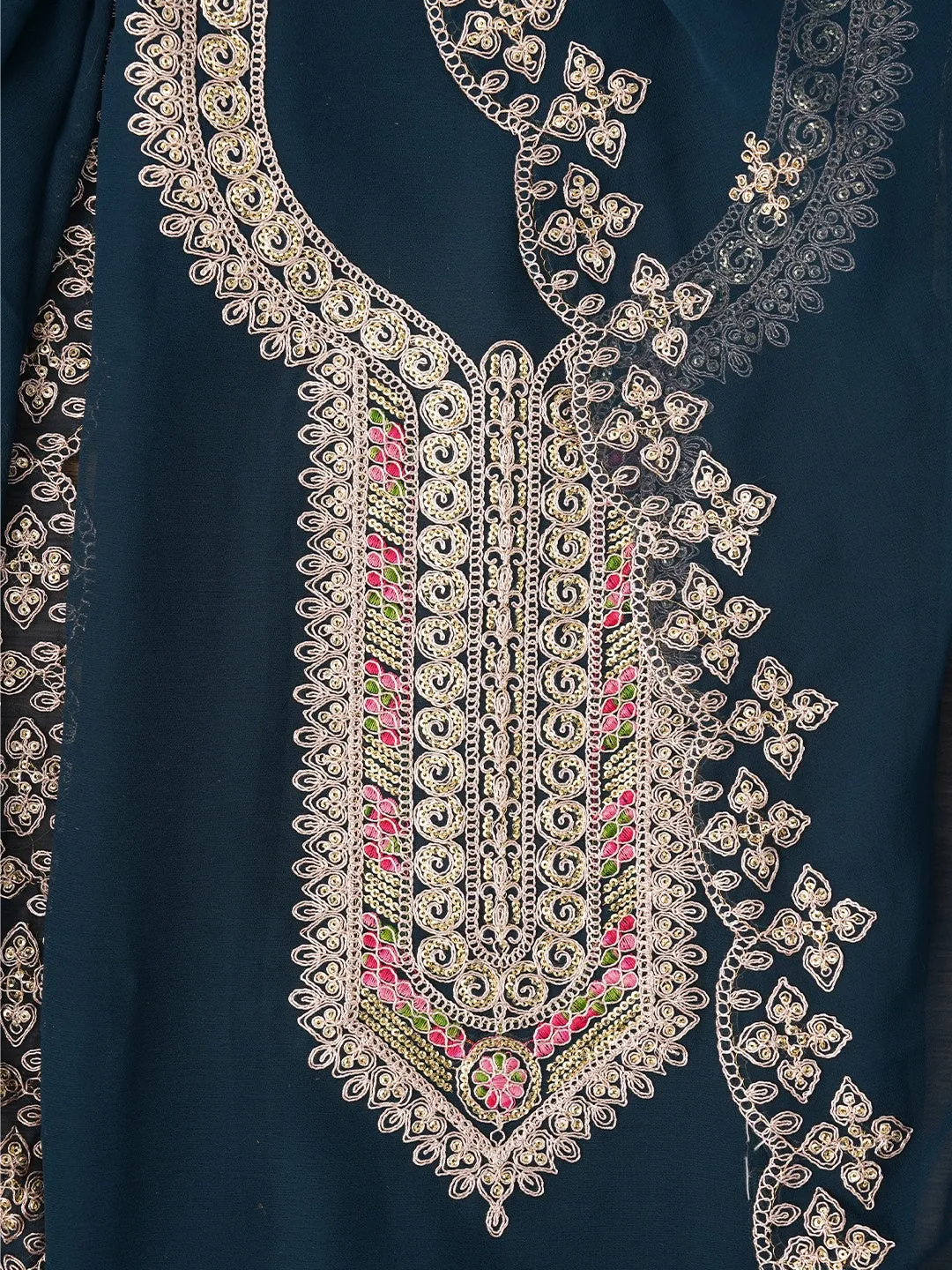 Teal Zari Embroidered Silk Georgette Dress Material with Dupatta