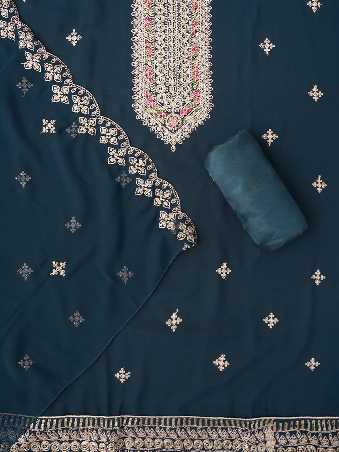 Teal Zari Embroidered Silk Georgette Dress Material with Dupatta