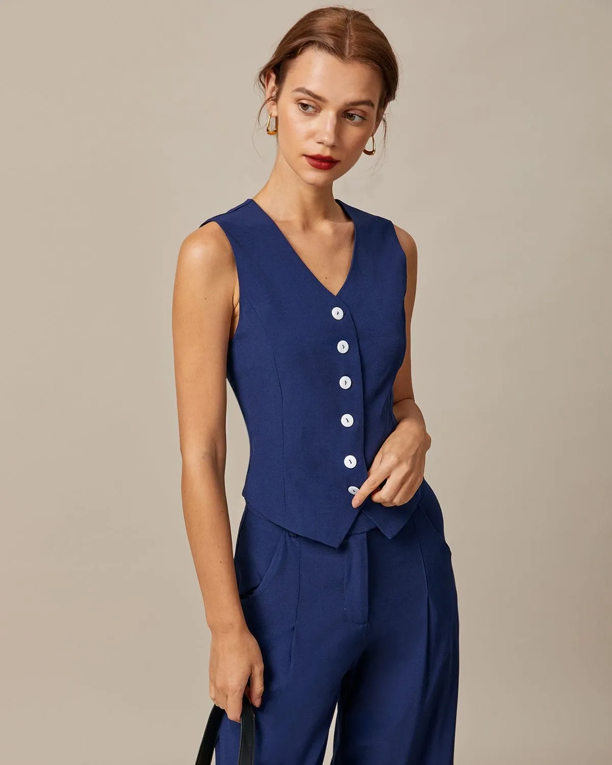 The Navy V Neck Button Up Sleeveless Vest