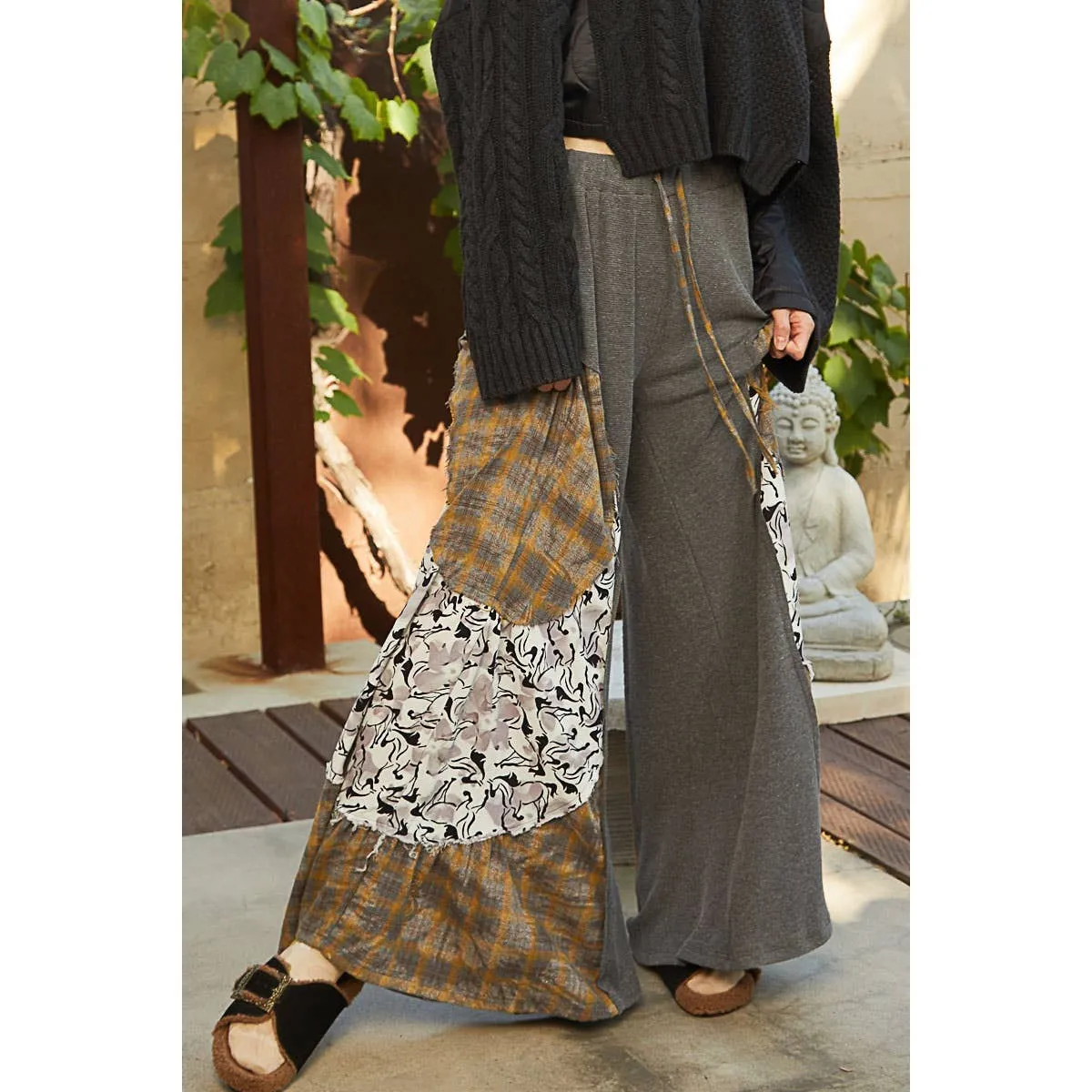 Thermal woven mixed raw edge casual pants: Heather Charcoal