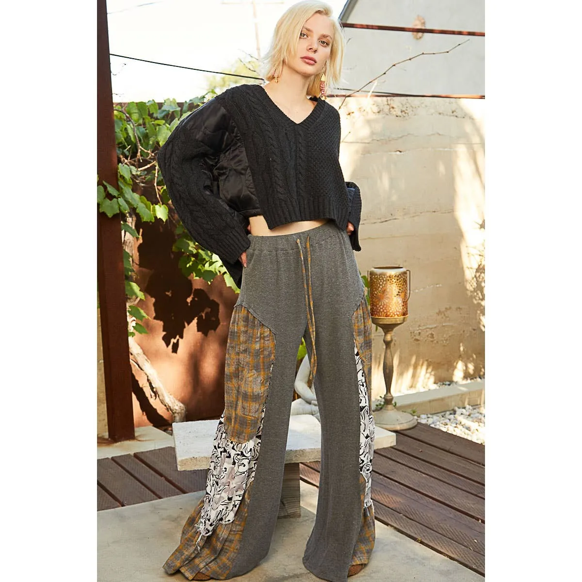 Thermal woven mixed raw edge casual pants: Heather Charcoal